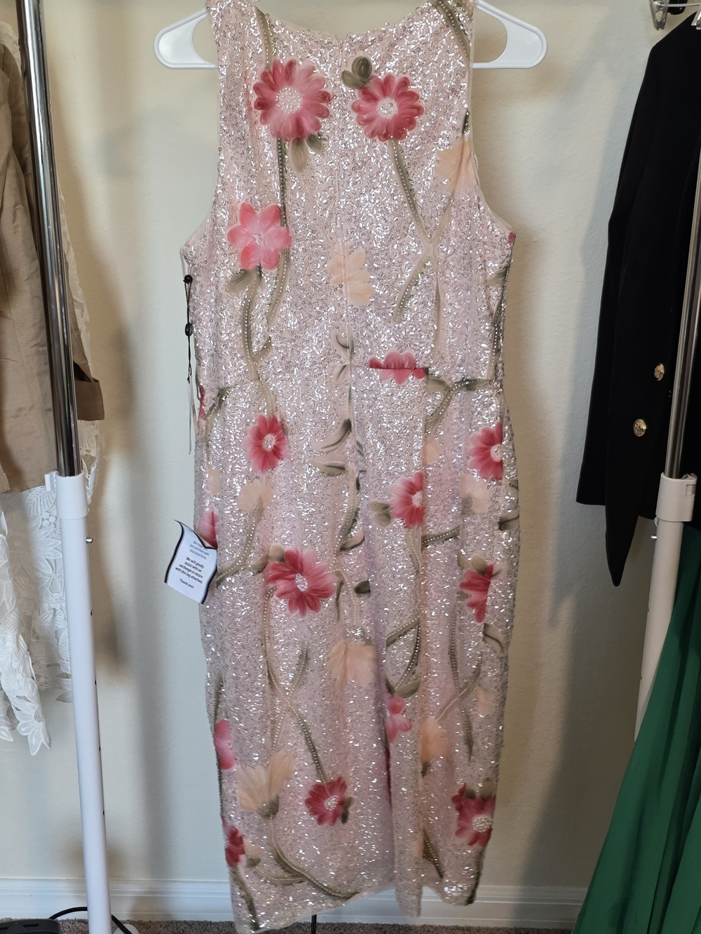ADRIANNA PAPELL Sequin Floral Midi Sheath Dress Silver Blush Multi Cocktail - Picture 13 of 13